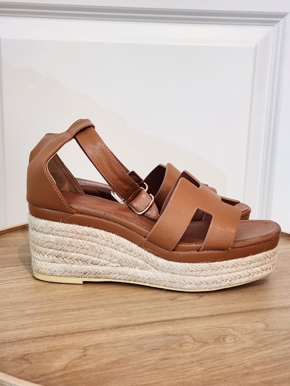 Hermes Elda Tan Leather Platform Espadrille Wedge Strap Heels Size 39 / 8-8.5 - Picture 2 of 11